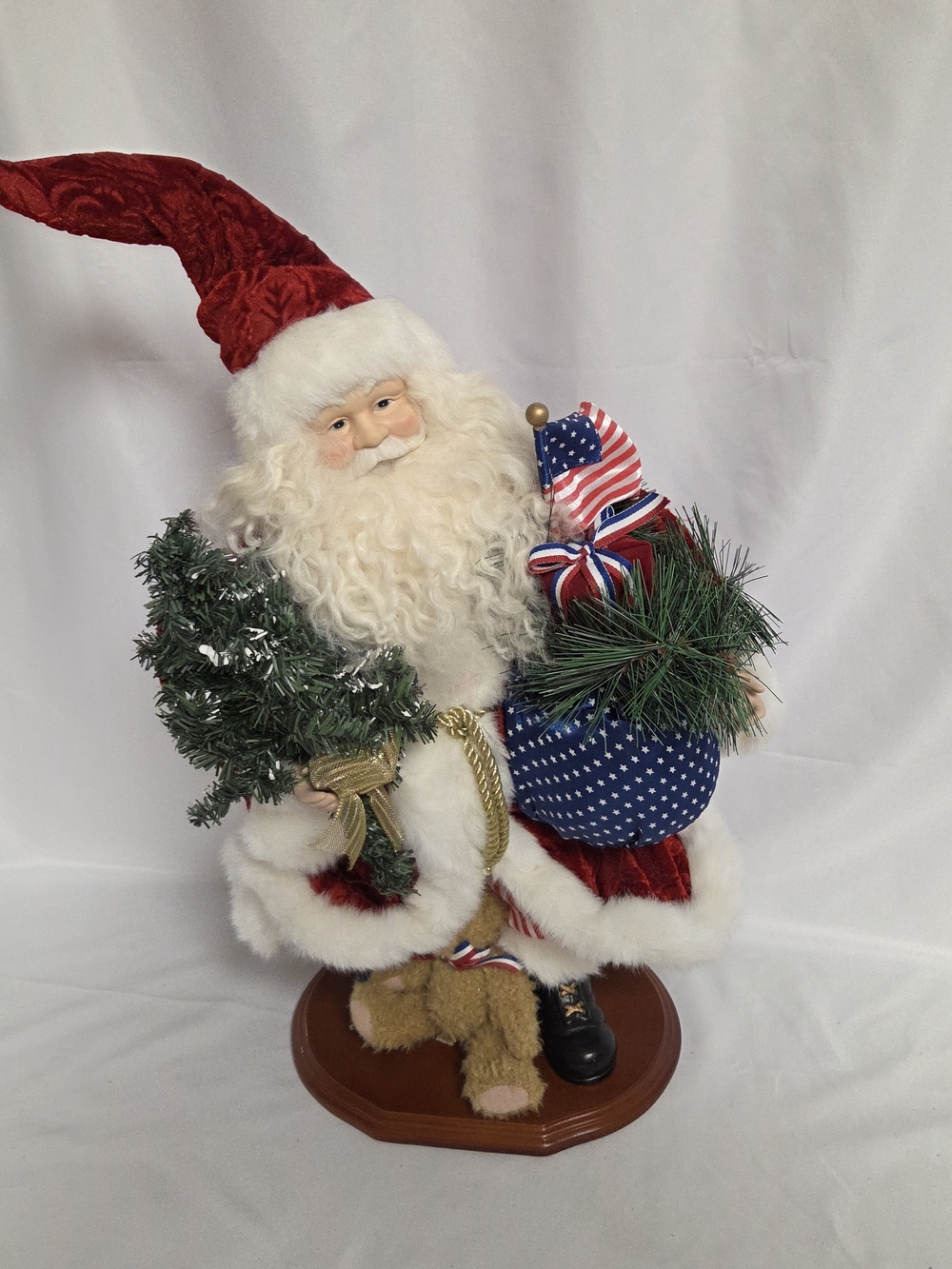 Holiday Santa Figurine with Red Velvet Hat and Patriotic Accents